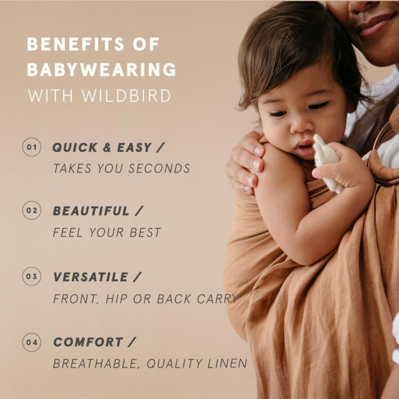 WildBird - حاملة أطفال ذات حبال دائرية - حديثي الولادة حتى وزن 35 رطلاً - للأمهات والآباء ومقدمي الرعاية - 100% ألياف كتان أوروبية طبيعية - متعددة الاستخدامات وقابلة للتعديل - مقاس 74 - نسيج الصفصاف وحلقة برونزية - Image 3